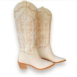 Dolce Vita Shiren Tall Western Cowboy Boots Sz 8 Beige Sand Nubuck Pointy Toe